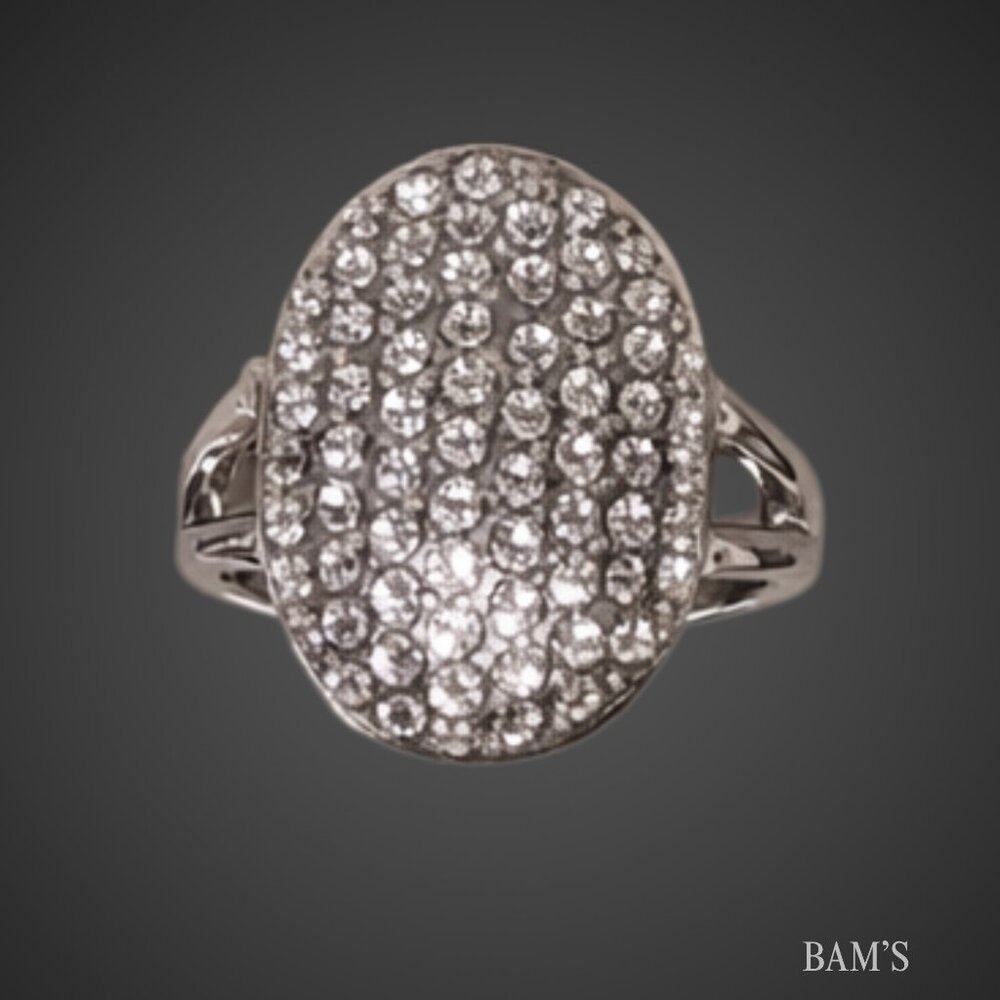 Sparkling Rhinestone Statement Ring | Size 9 | Silver Tone